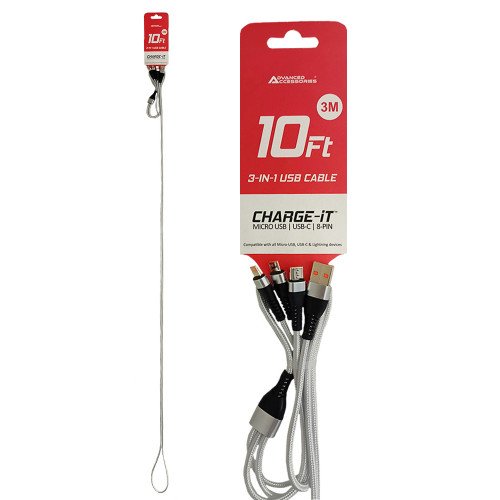 AA CHARGE-iT Premium 3in1 (3M) USB Cable – 8 Pin/USB-C/MicroUSB – Silver