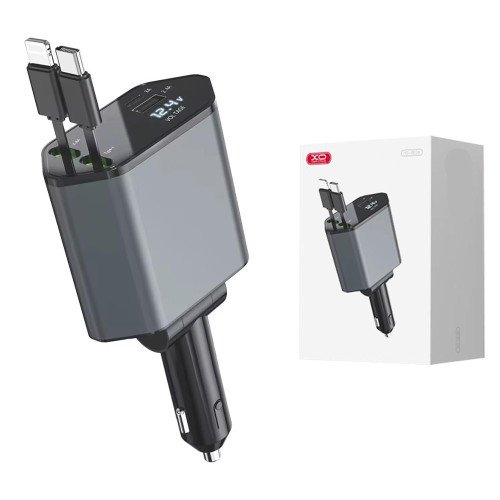 XO 4in1 Car Charger With Retractable 8-Pin And USB-C Cables – Black