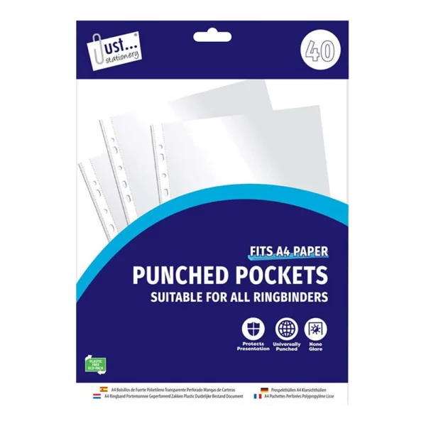 Stationery Clear Plastic Punched Pockets 40’s